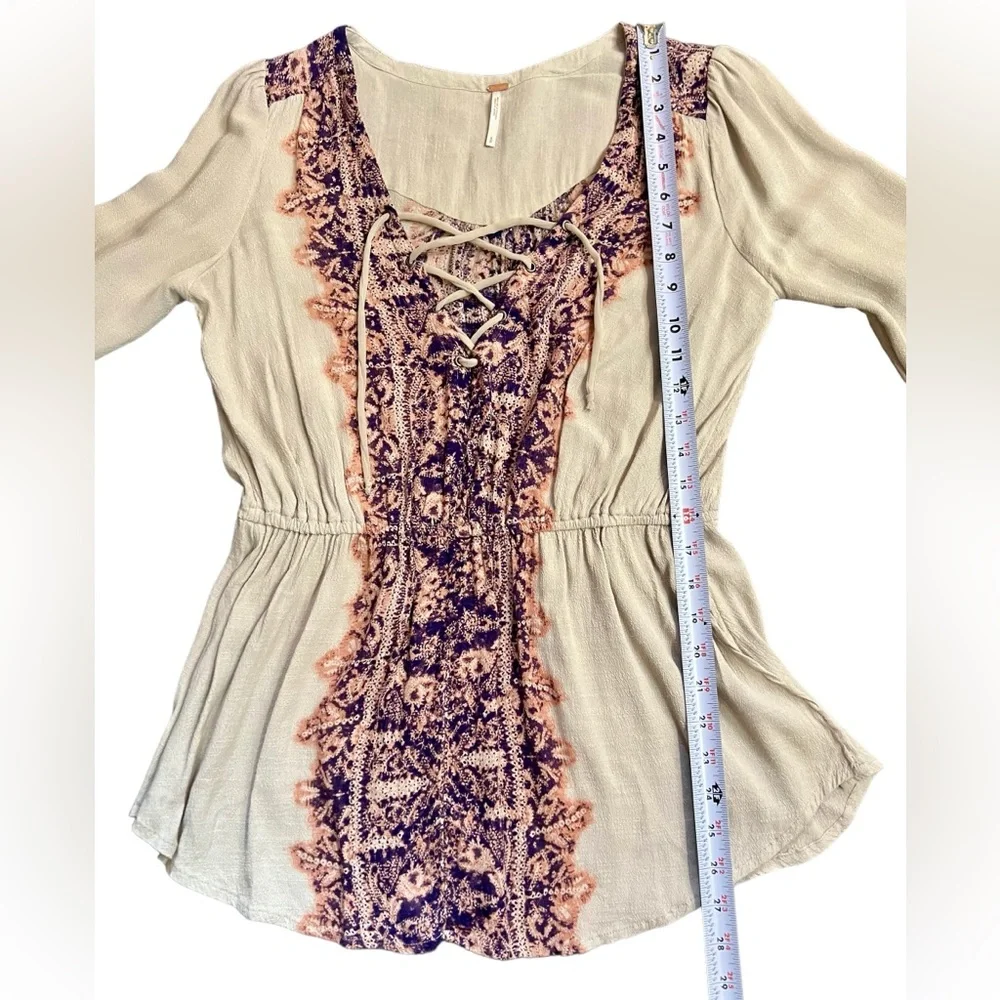 FREE PEOPLE boho style Tunic lace up blouse cream orange and purple | Size Small